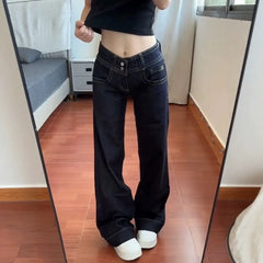 Double Button Low Rise Wide Leg Denim Jeans