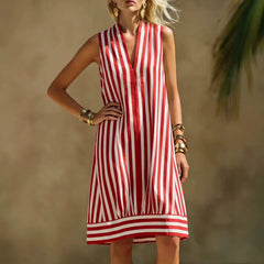 Sleeveless Stand Collar Half Placket Vertical Stripe Loose A-Line Midi Dress