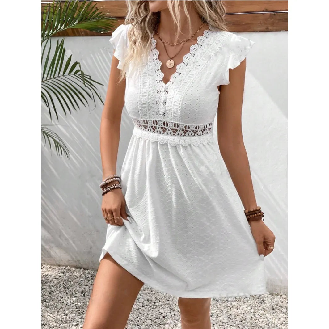 V Neck Eyelet Embroidery Ruffle Cap Sleeve Mini Dress