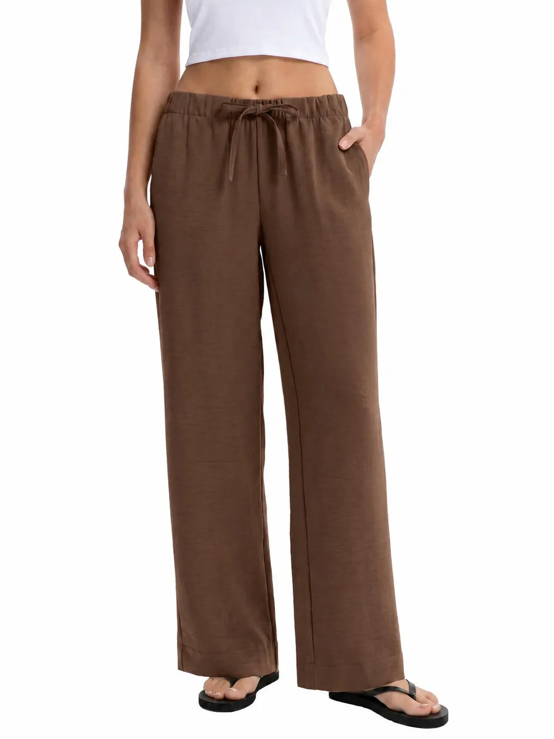 Drawstring Elastic Waist Wide Leg Casual Long Pants Solid Color Loose Trousers