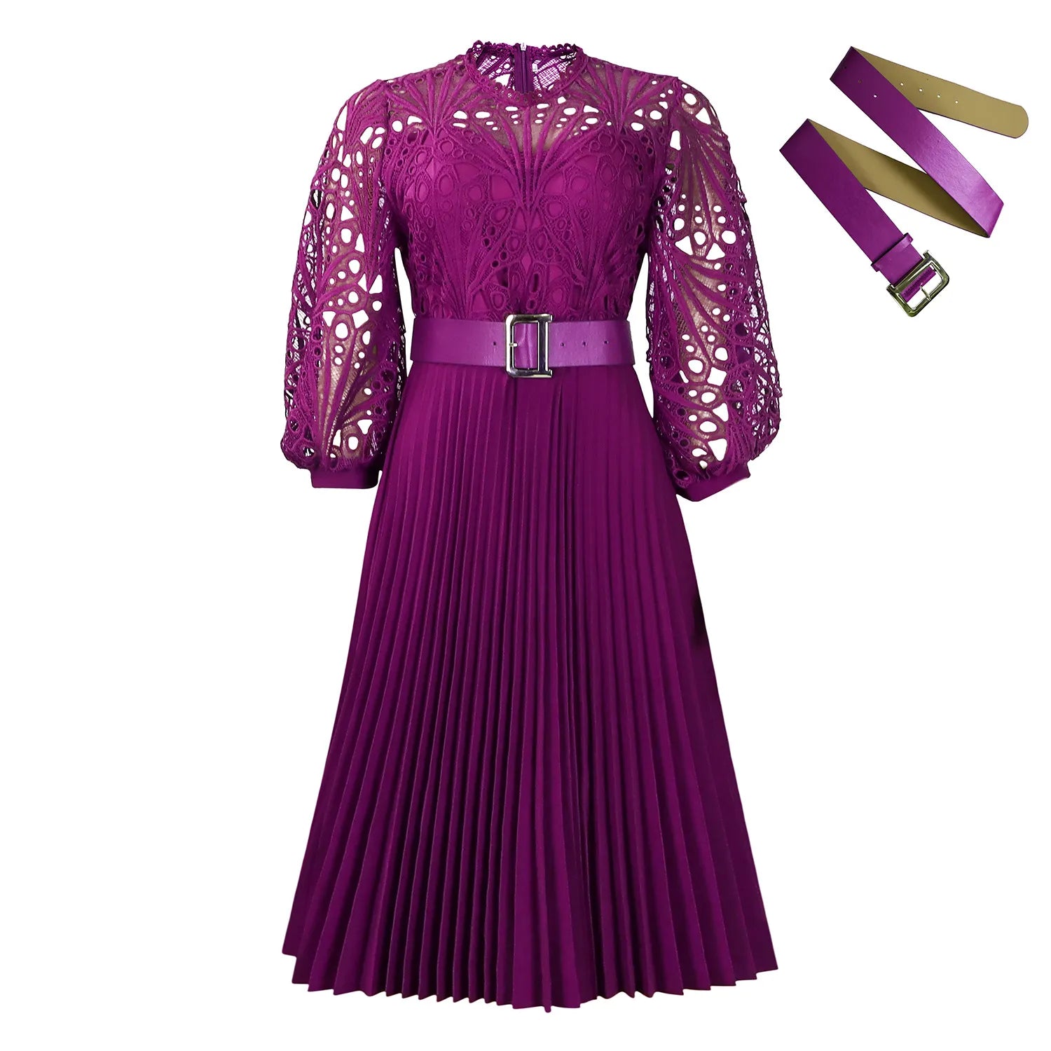 Lace Patchwork Pleated Midi Dress