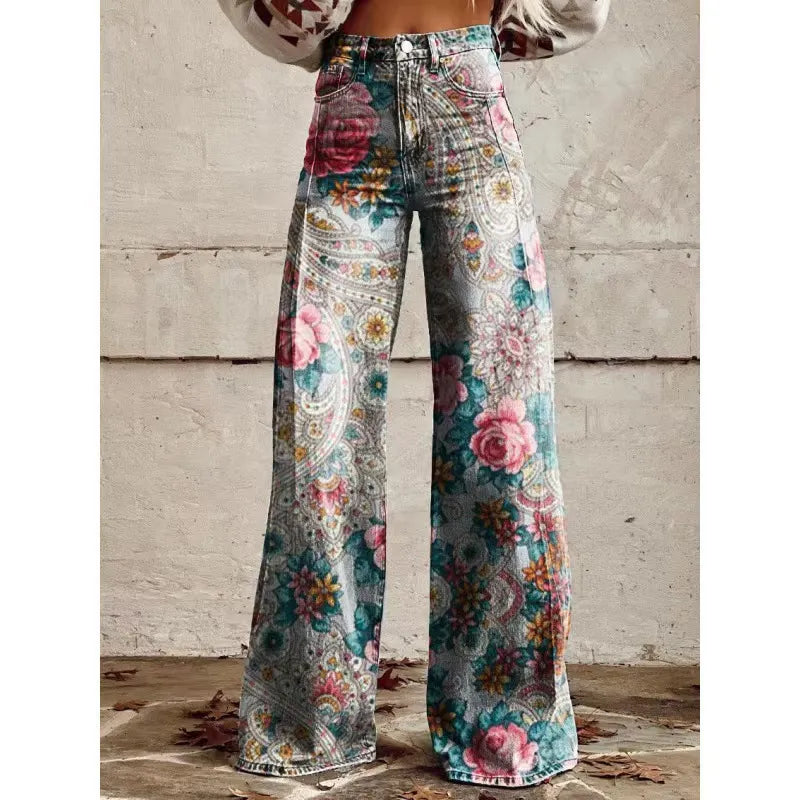 High Waist Western Cowboy Horse Print Wide Leg Pants