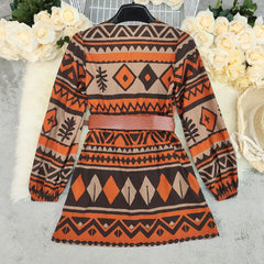 Bohemian Geometric Print Long Sleeve Mini Dress