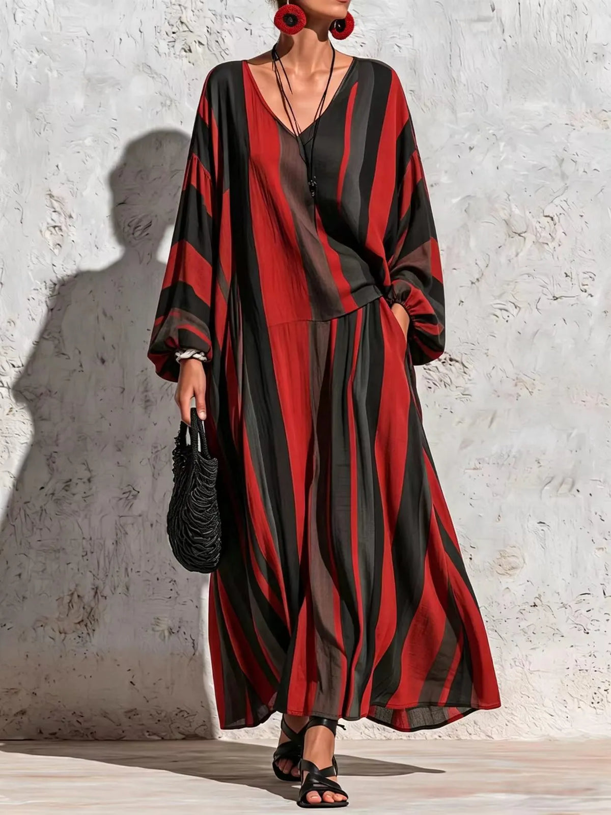 Diagonal Stripe V-neck Lantern Sleeve Top & Wide-leg Pants Two-piece Set