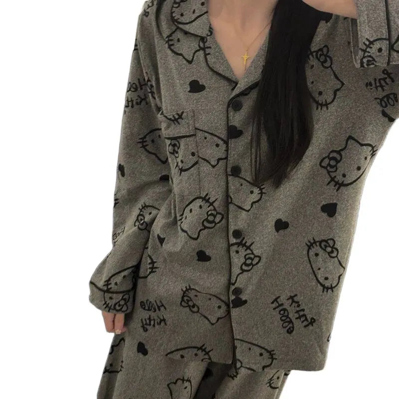 Dark Grey Cartoon Cat Pattern Pajamas, Long Sleeve Collared Button Top & Matching Pants Nightwear