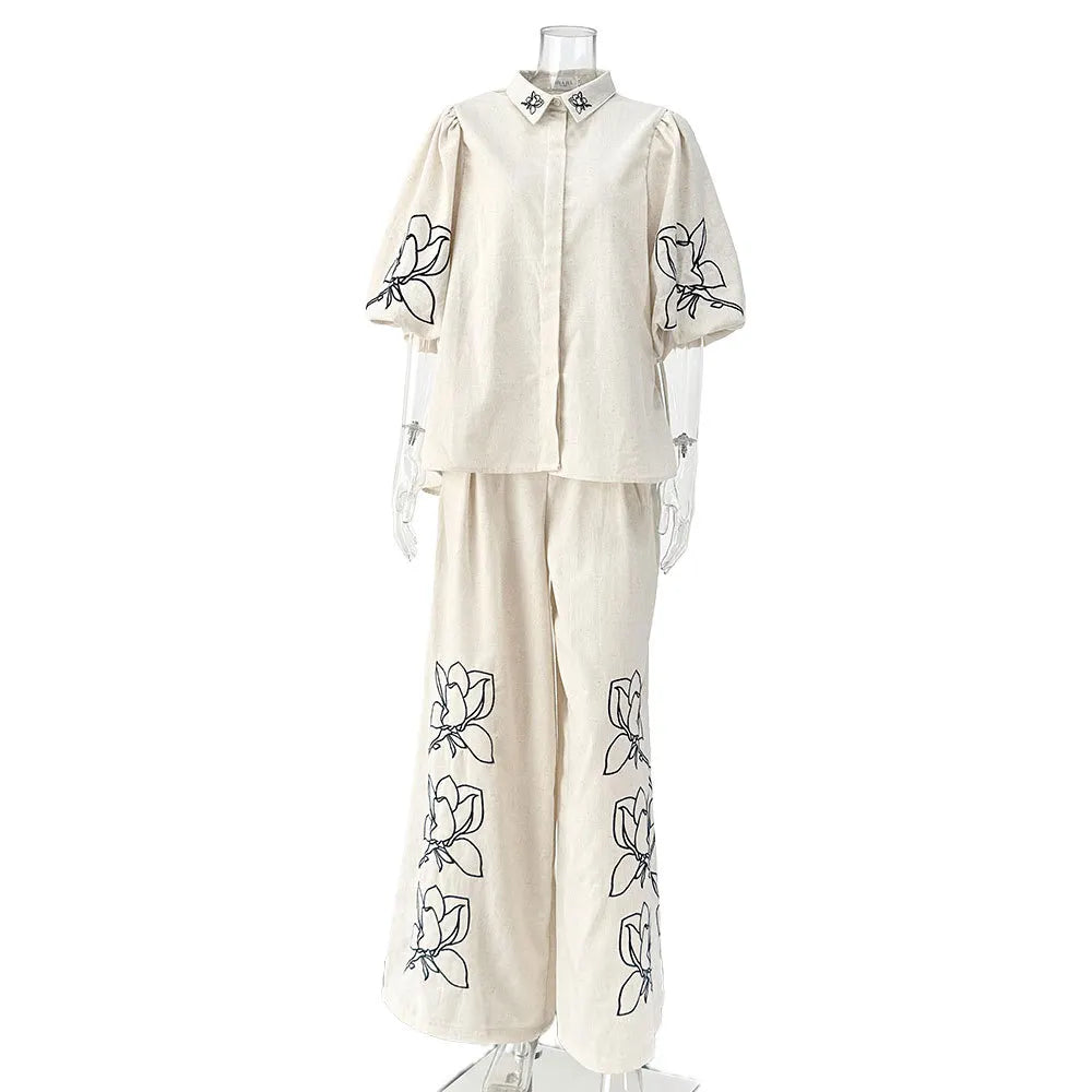 Womne's Floral Embroidery Linen Shirt & Wide Leg Pants 2 Piece Set