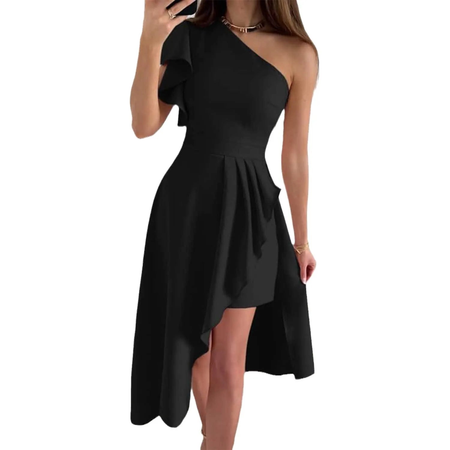 One Shoulder Ruffle Asymmetrical Hem Cocktail Dress