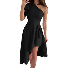 One Shoulder Ruffle Asymmetrical Hem Cocktail Dress