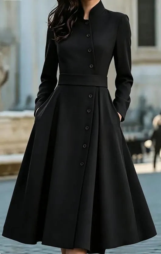 Burgundy Stand Collar Button Front Belted Midi Dress
