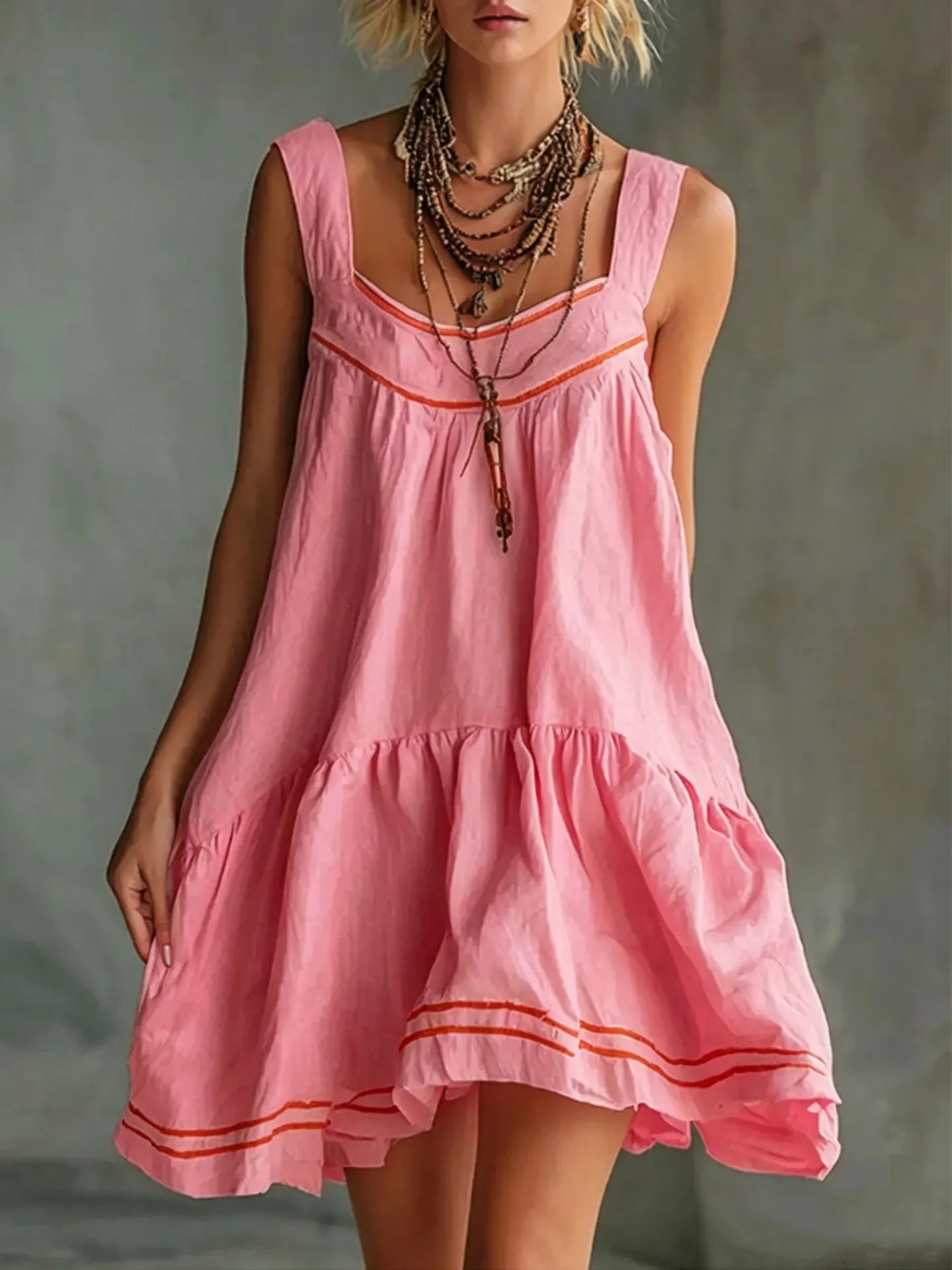 Color Stripe U-Neck Sleeveless Loose Tiered Ruffle Mini Sundress
