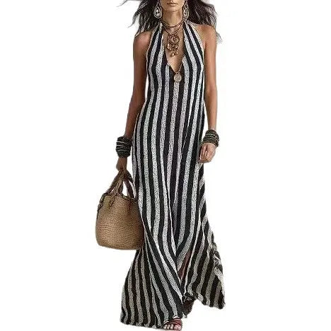 Striped Halter Neck Deep V-Neck Maxi Dress