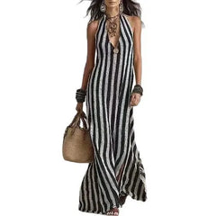 Striped Halter Neck Deep V-Neck Maxi Dress