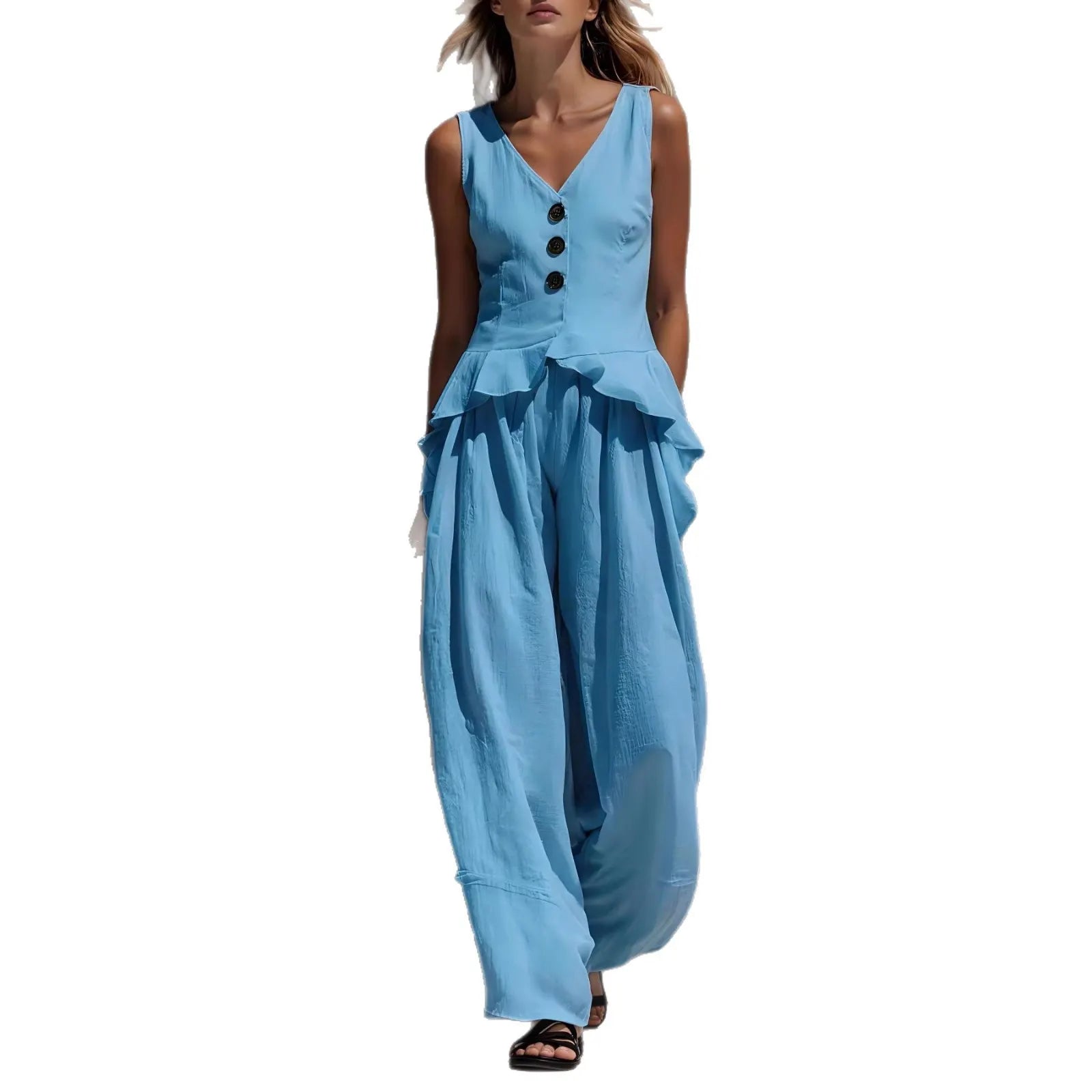 White Ruffled V-Neck Tank & Wide-Leg Pants Set
