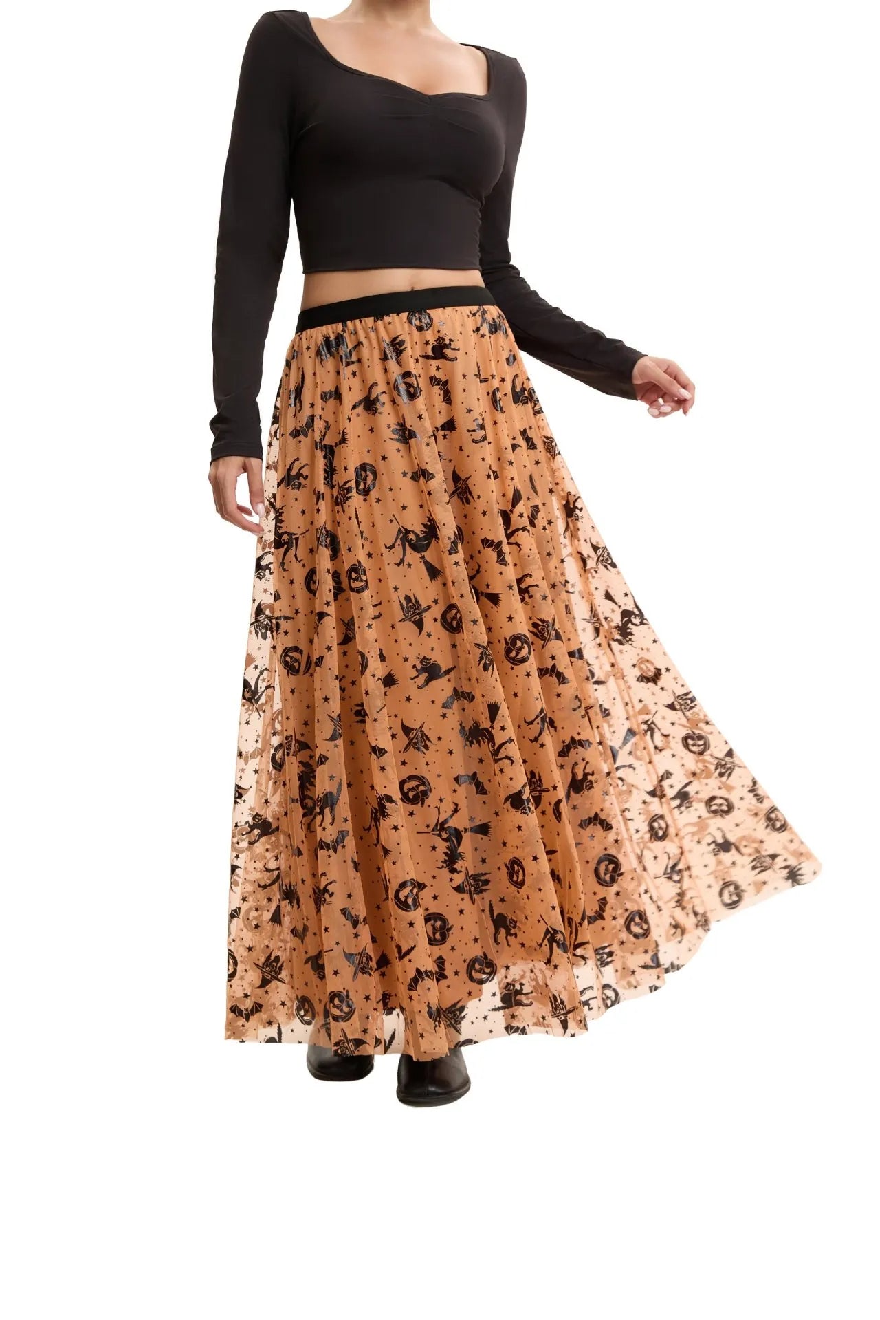 Halloween Pumpkin Witch Bat Print Tulle Long Maxi Skirt