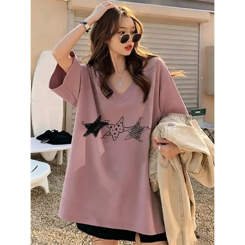 V Neck Pentagram Print Loose Pure Cotton Short Sleeve Casual T-shirt