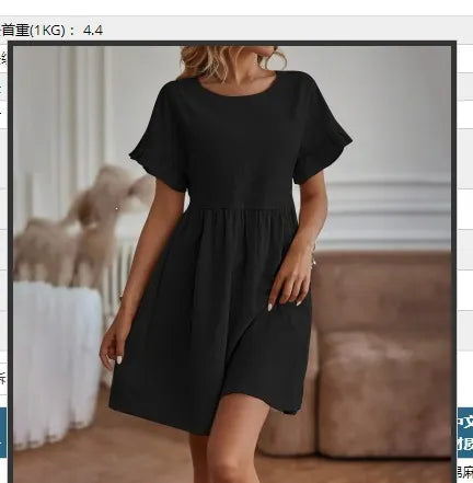 Crew Neck Ruffle Short Sleeve Mid Waist Loose A-Line Cotton Linen Mini Dress