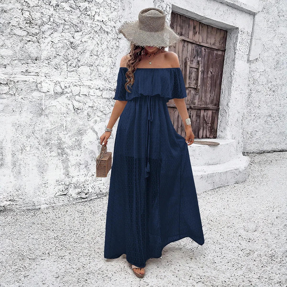 Off Shoulder Ruffle Swiss Dot Chiffon Maxi Dress