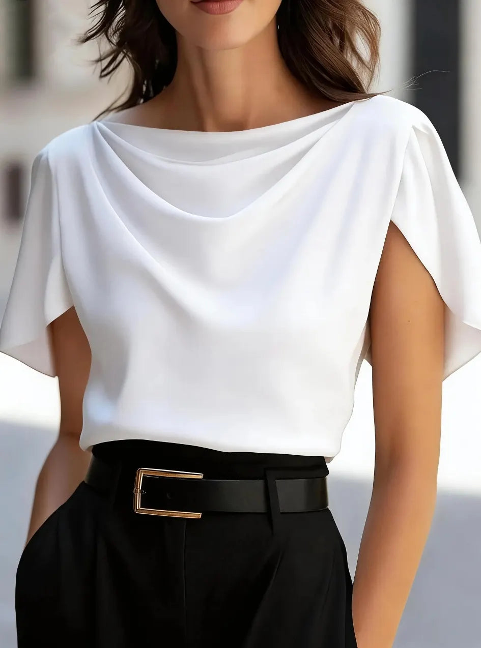 Solid Draped Neck Short Sleeve Casual Top