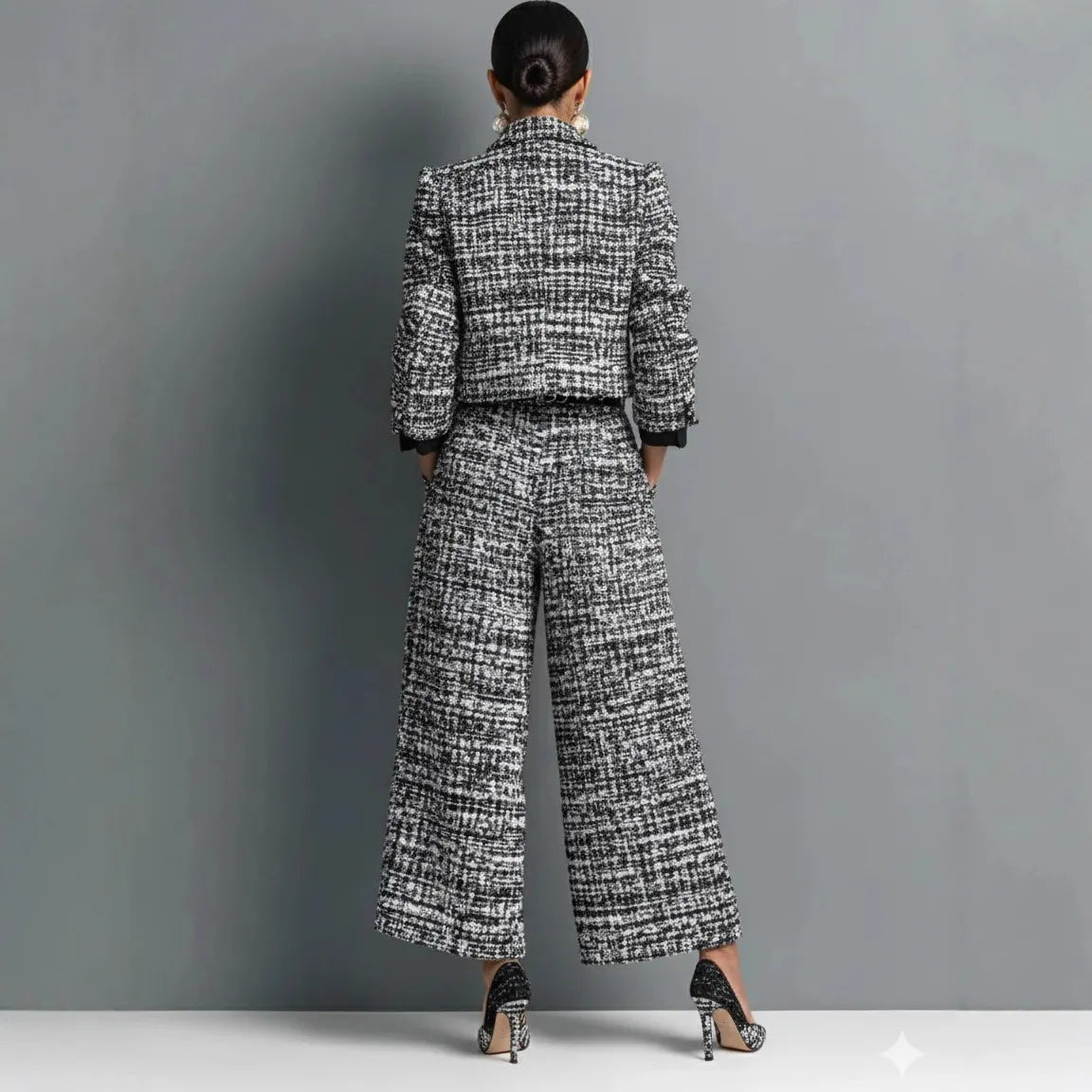 Tweed Cropped Blazer & Wide Leg Pants Two Piece Set