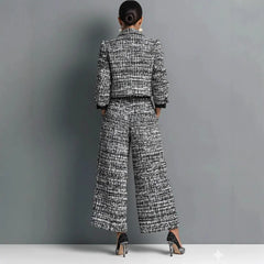 Tweed Cropped Blazer & Wide Leg Pants Two Piece Set