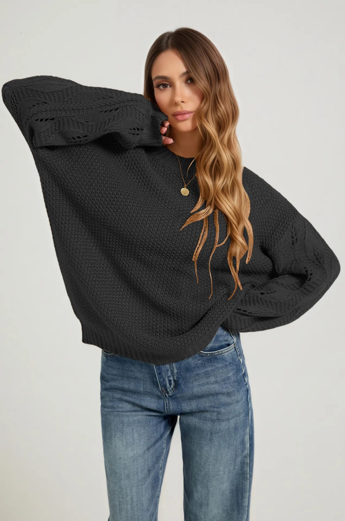 Textured Waffle Knit Oversized Crewneck Sweater Hollow Cable Sleeve Fall Jumper