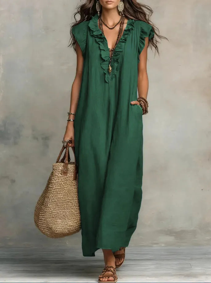 Deep V-Neck Ruffle Cap Sleeve Loose A-Line Maxi Dress