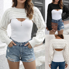 Trendy Cable Knit Bolero Top Long Sleeve Crewneck Cropped Knit Shrug Cover Up