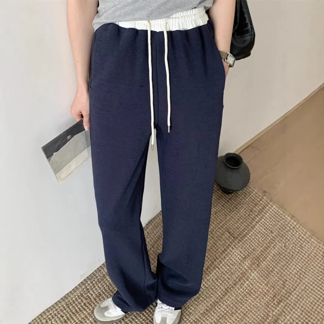 Color Block Drawstring Elastic Waist Straight Casual Pants