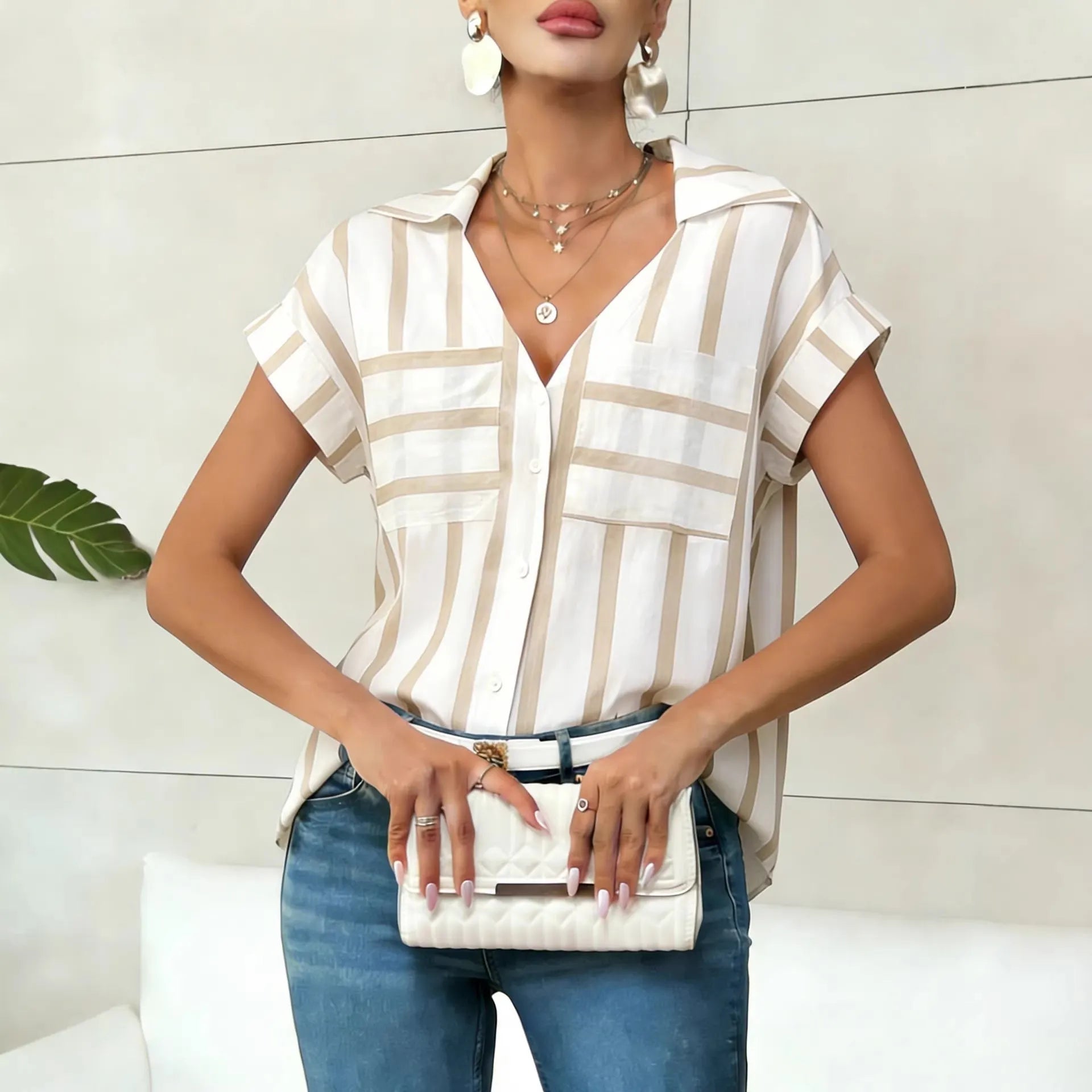 Striped Print V-Neck Batwing Sleeve Pocket Shirt