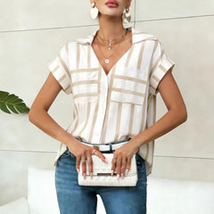 Striped Print V-Neck Batwing Sleeve Pocket Shirt