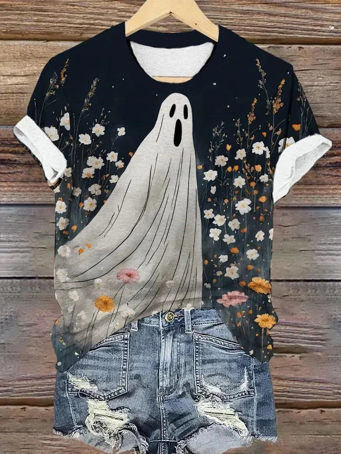 Halloween Floral Ghost Print Crew Neck Short Sleeve T‑Shirt