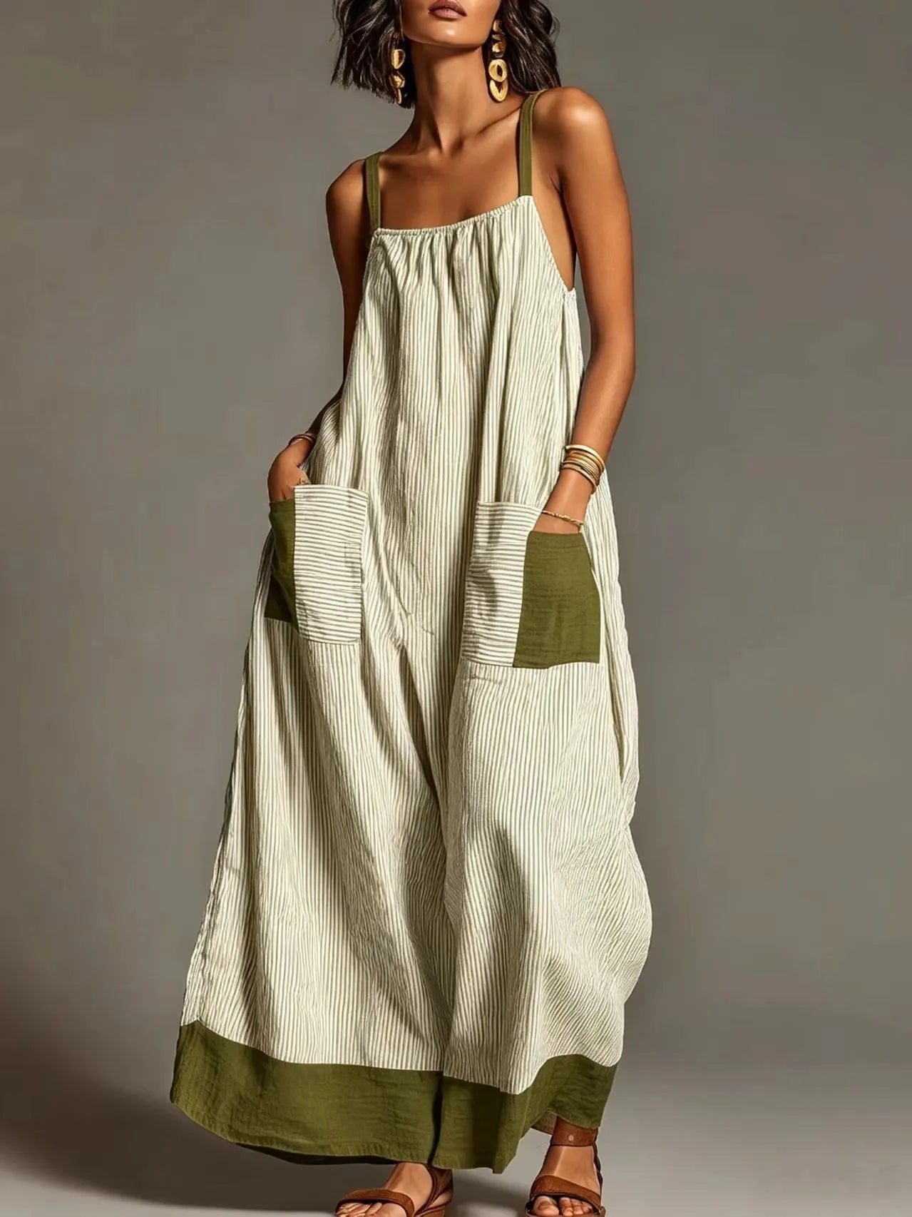 Stripe Color Block Pocket Sling Long Dress
