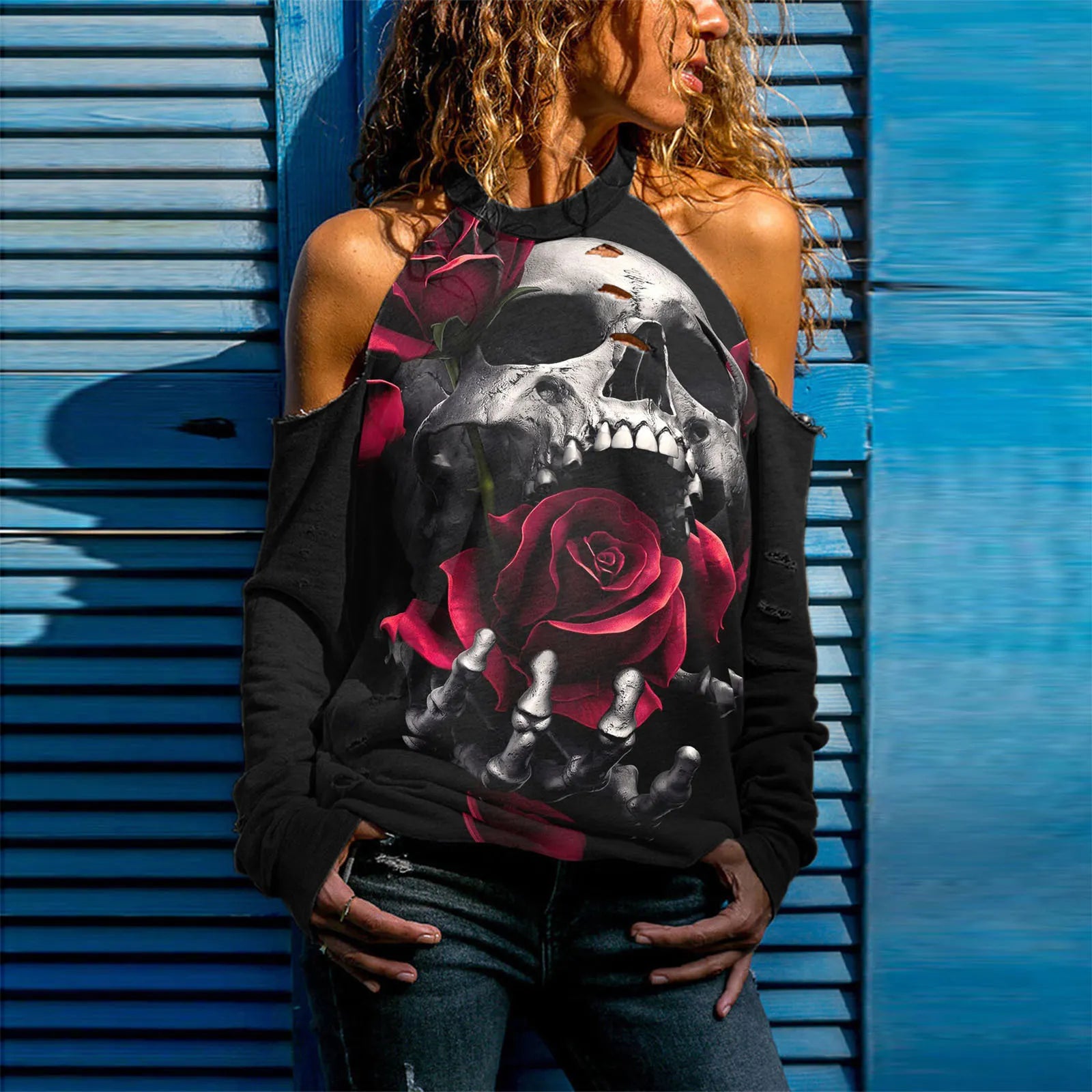 Halloween Skull Print Cold Shoulder Distressed Sweatshirt