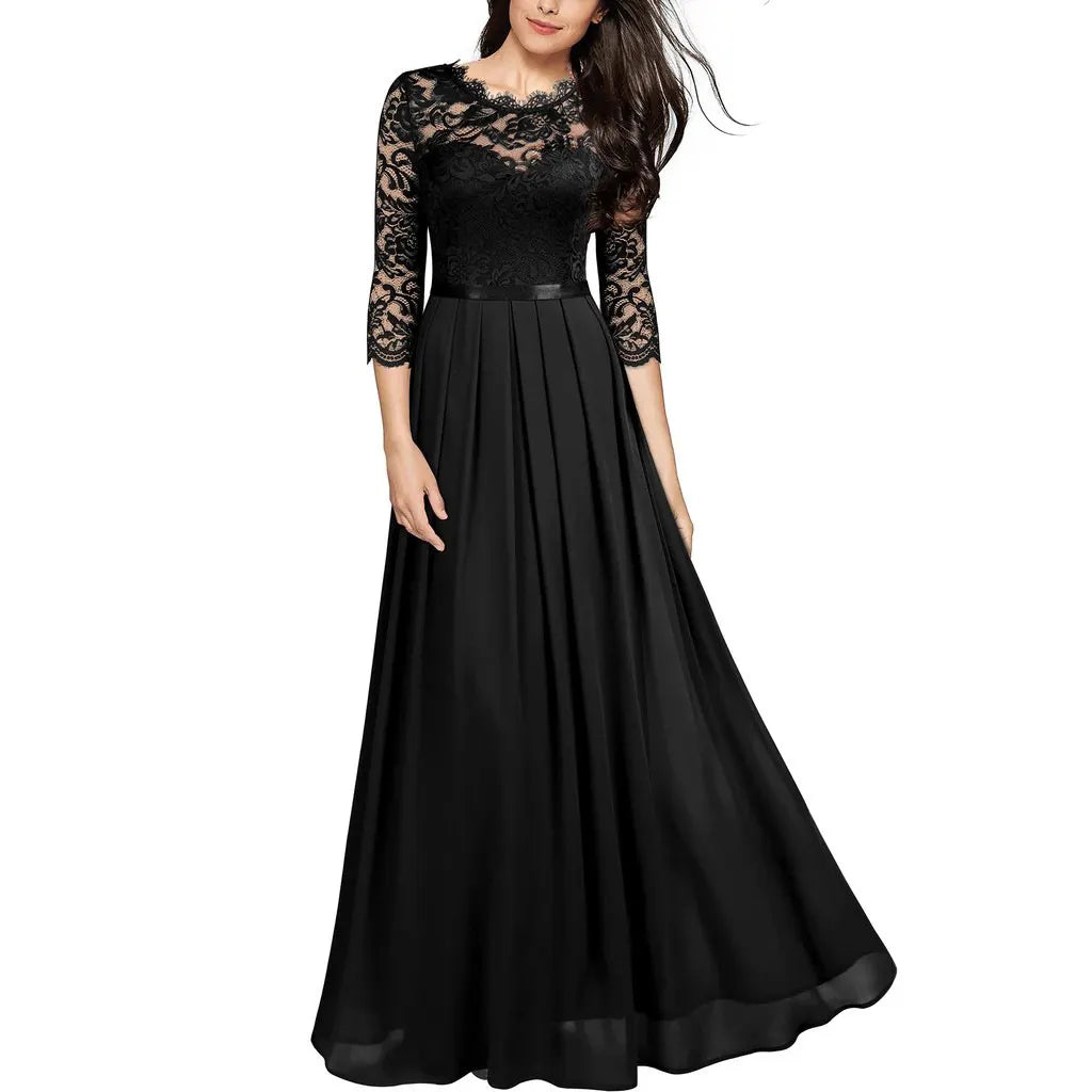 Burgundy Lace & Chiffon 3/4 Sleeve Evening Maxi Dress