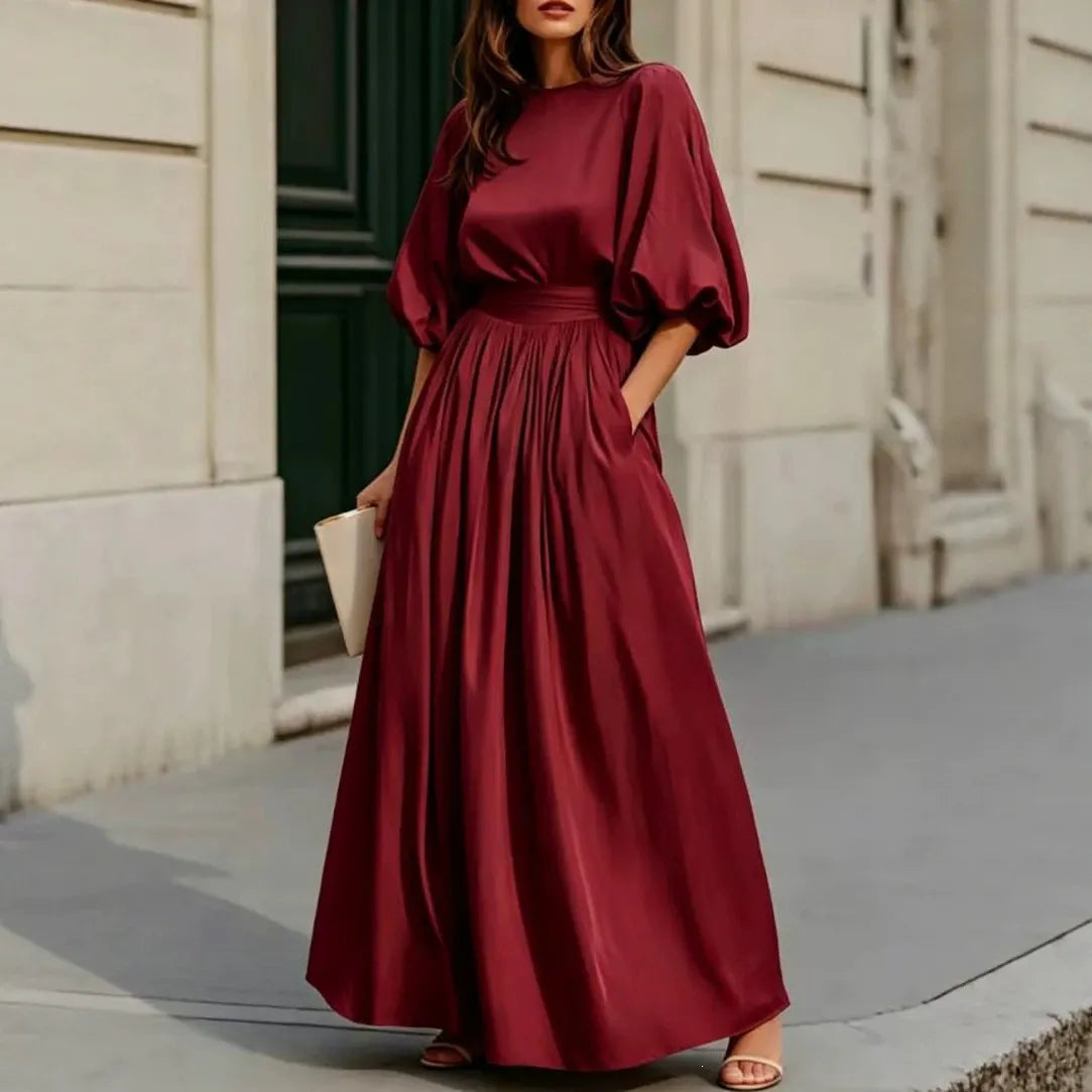 Cream Puff Short Sleeve High Waist Flowy Maxi Dress with Pockets