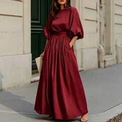 Cream Puff Short Sleeve High Waist Flowy Maxi Dress with Pockets