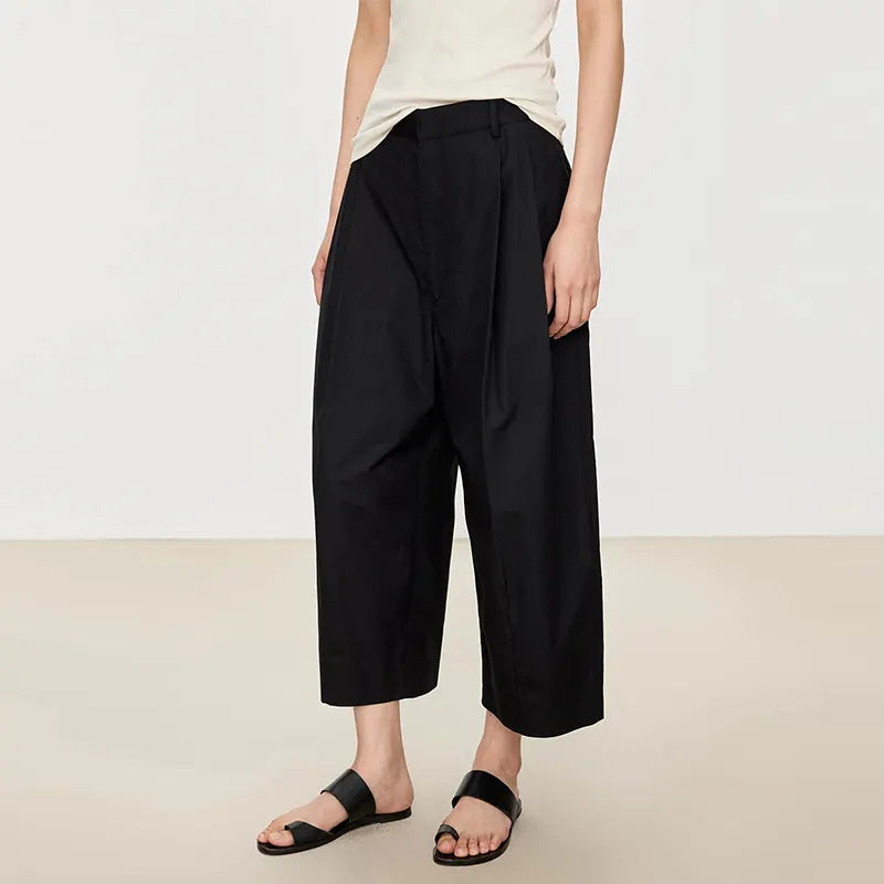 Mid Waist Pinch Pleats Loose Cropped Straight Commuter Casual Pants