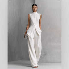 Stand Collar Sleeveless Linen Top & Wide Leg Pants 2 Piece Matching Set