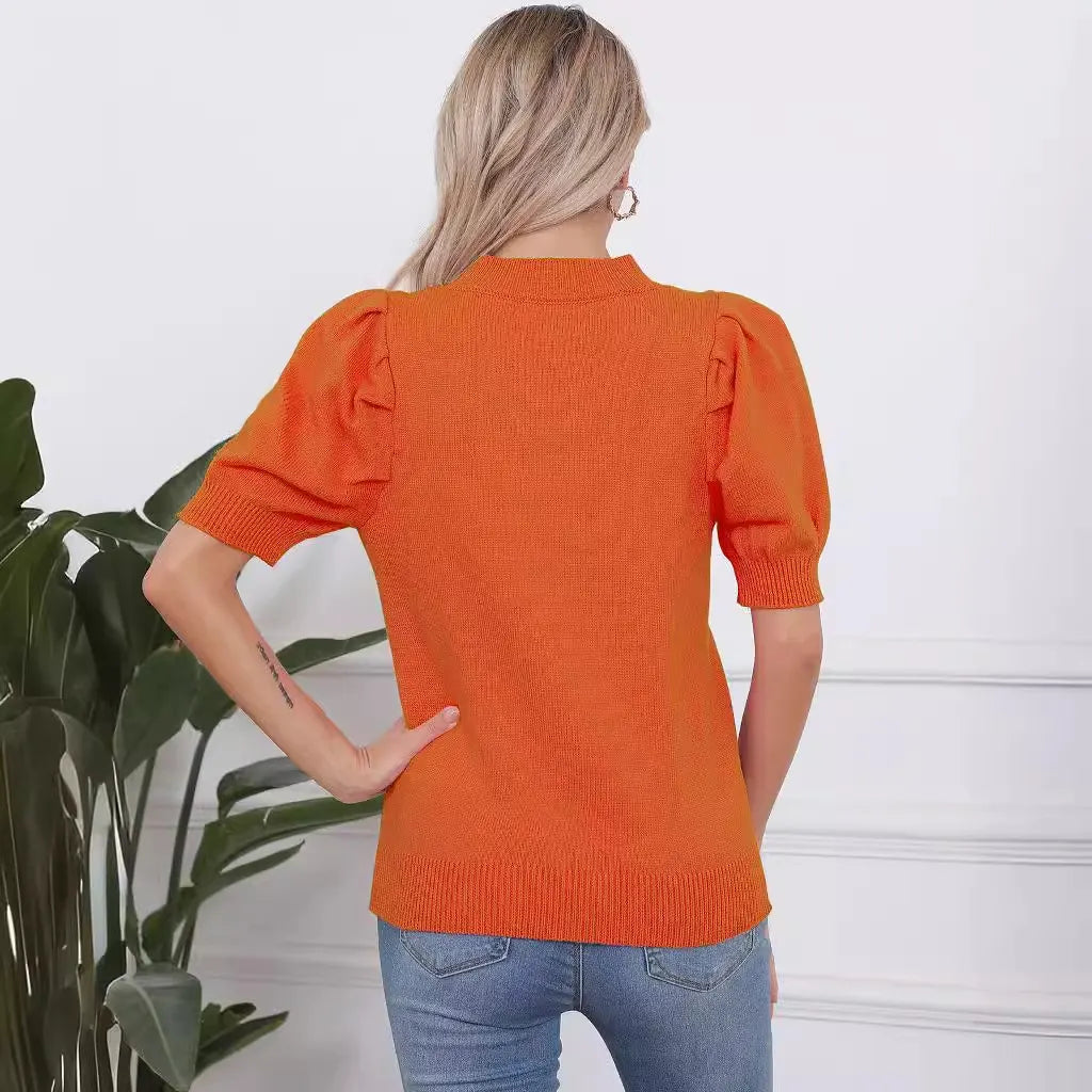 Halloween Pumpkin Face Crew Neck Short‑Sleeve Sweater