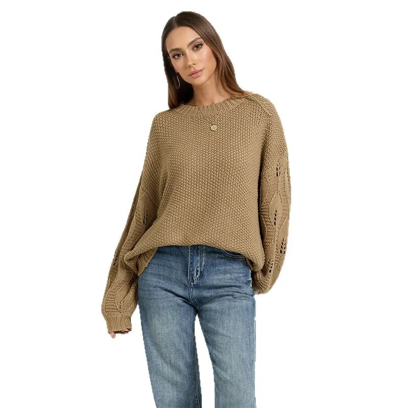 Textured Waffle Knit Oversized Crewneck Sweater Hollow Cable Sleeve Fall Jumper