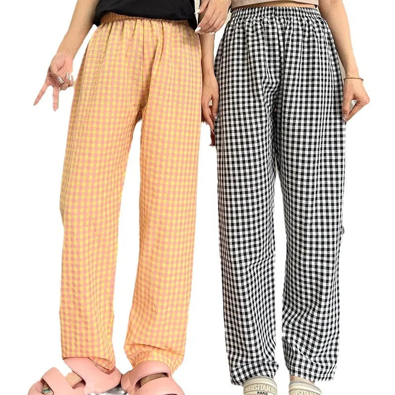 Plaid Elastic Waist Wide Leg Pants