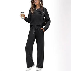 Dark Grey Pleated Detail Top & Drawstring Wide Leg Pants Two Piece Loungewear Set