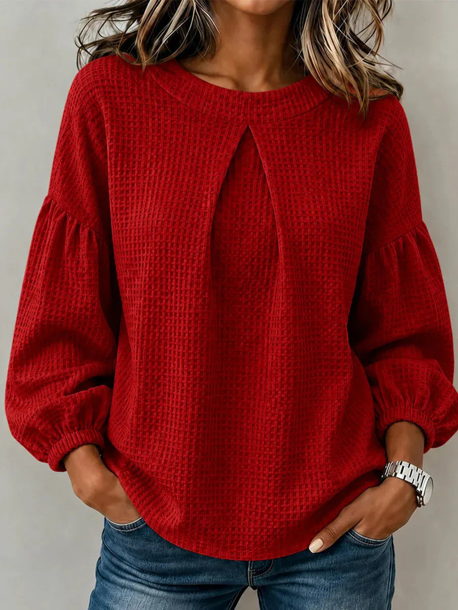 Waffle Knit Round Neck Blouse Pleated Front Balloon Long Sleeve Loose Casual Top