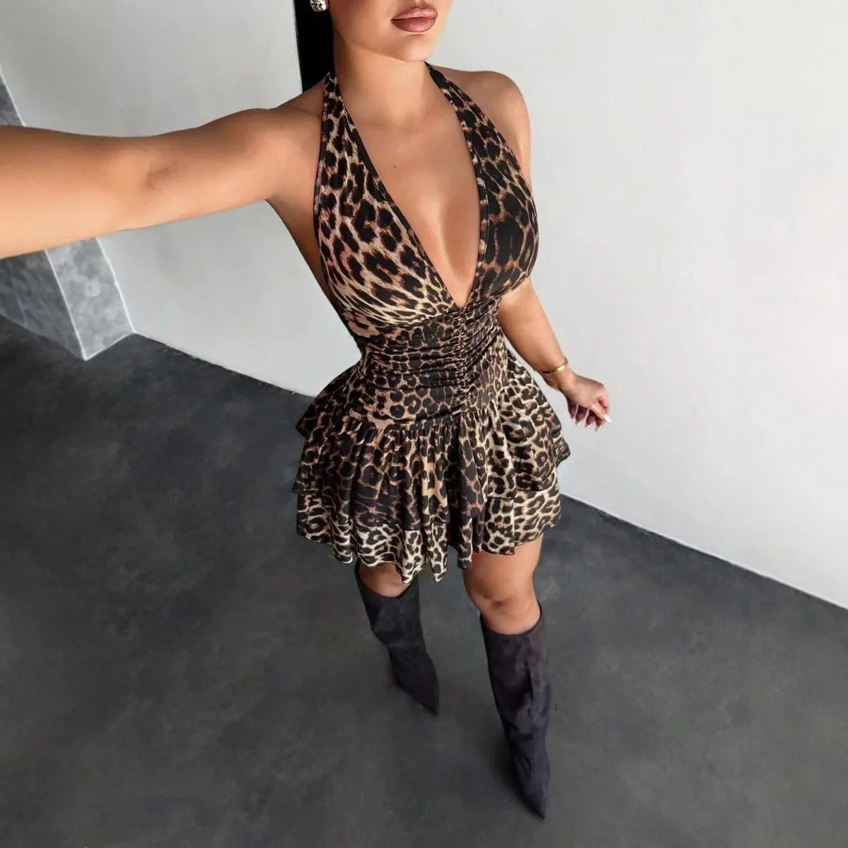 Leopard Print Deep V-Neck Halter Ruched Ruffle Mini Dress