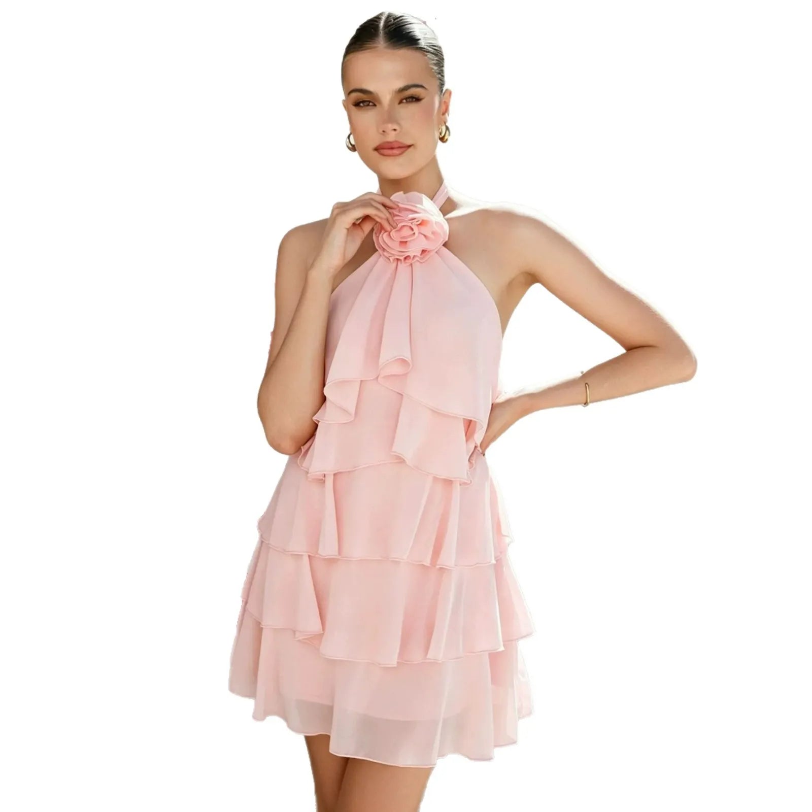 Matching Flowy Solid Color Ruffle Layered Halter Neck Mini Cake Dress