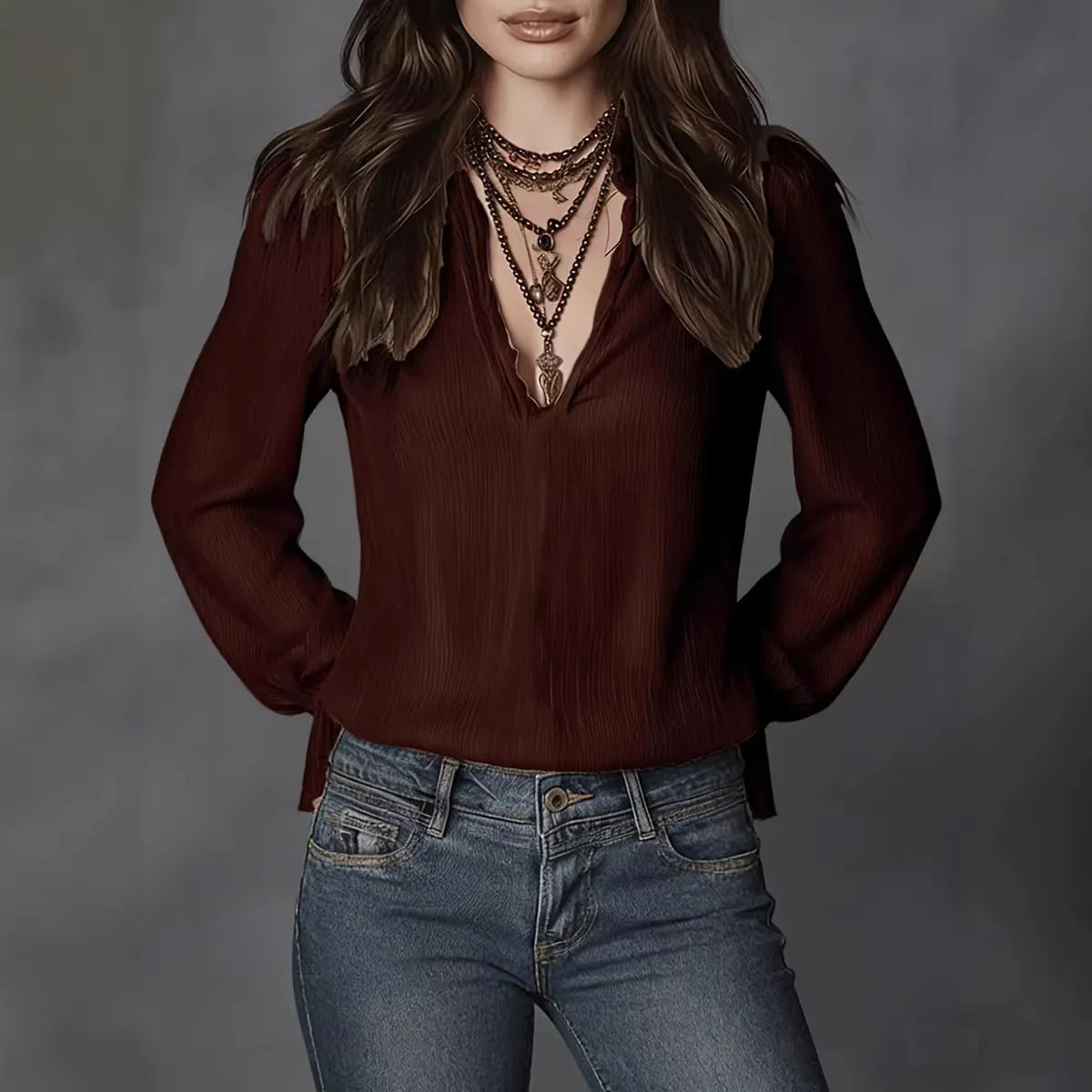 Puff Sleeve Ruffle Cuff Textured V Neck Blouse