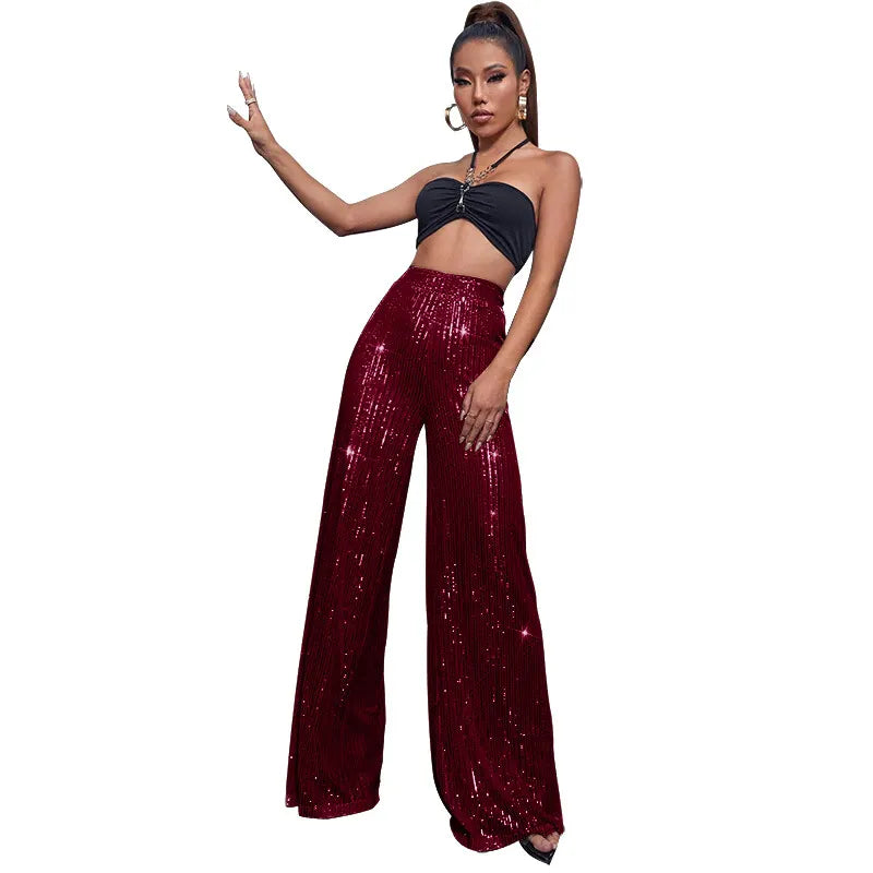 Sequin Stripe High Waist Wide Leg Pants