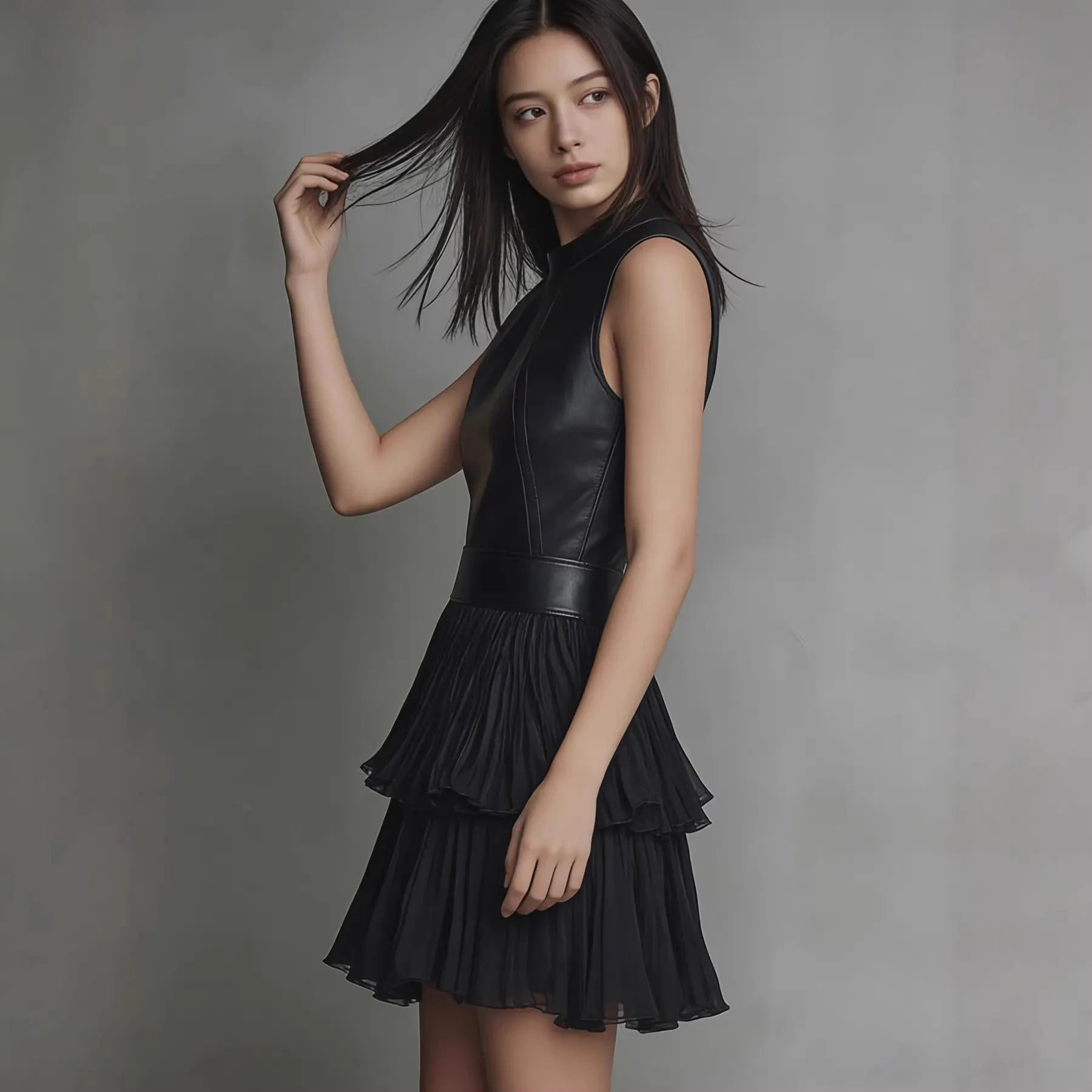 Sleeveless Faux Leather Spliced Tiered Ruffle Mini Dress