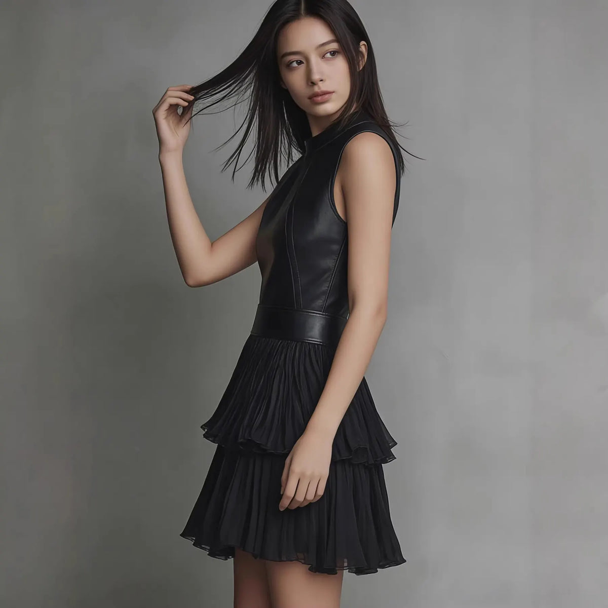 Sleeveless Faux Leather Spliced Tiered Ruffle Mini Dress