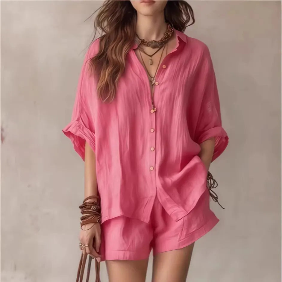 Collared Roll Sleeve Oversized Linen Shirt + Elastic Waist Shorts 2 Piece Casual Set